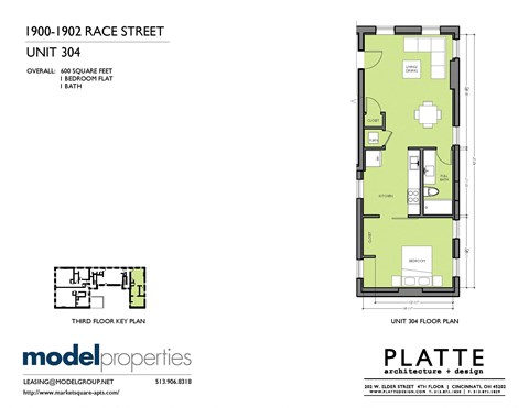 Floor plan for 1 bed, 1 bath, 600 sqft